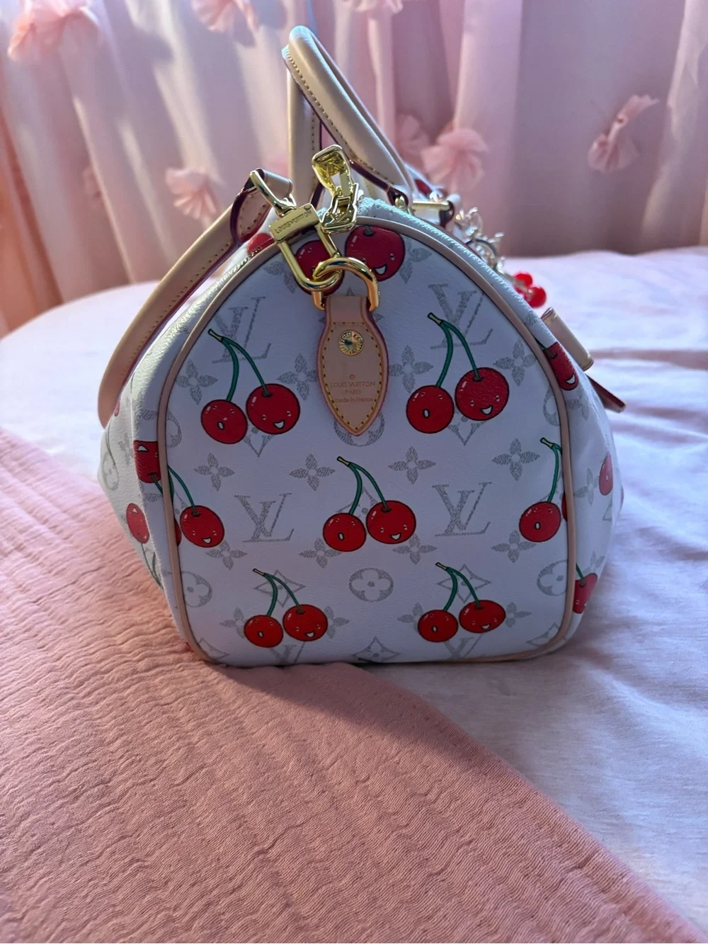 Speedy White Cherry Print Monogram Top-Handle Bag